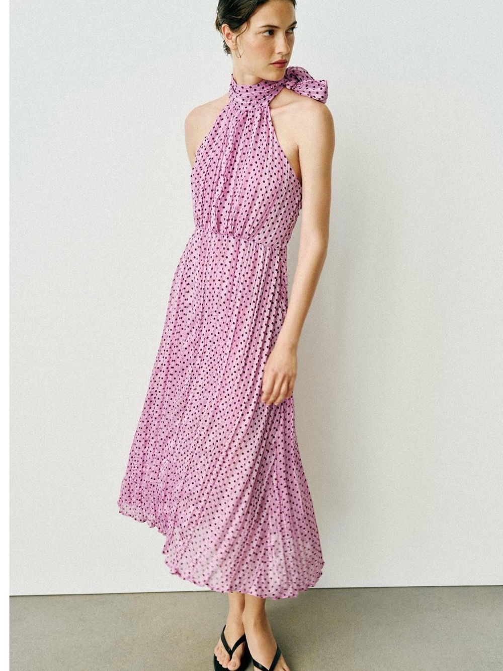 Zara Pink Polka Dot Halter Midi Dress